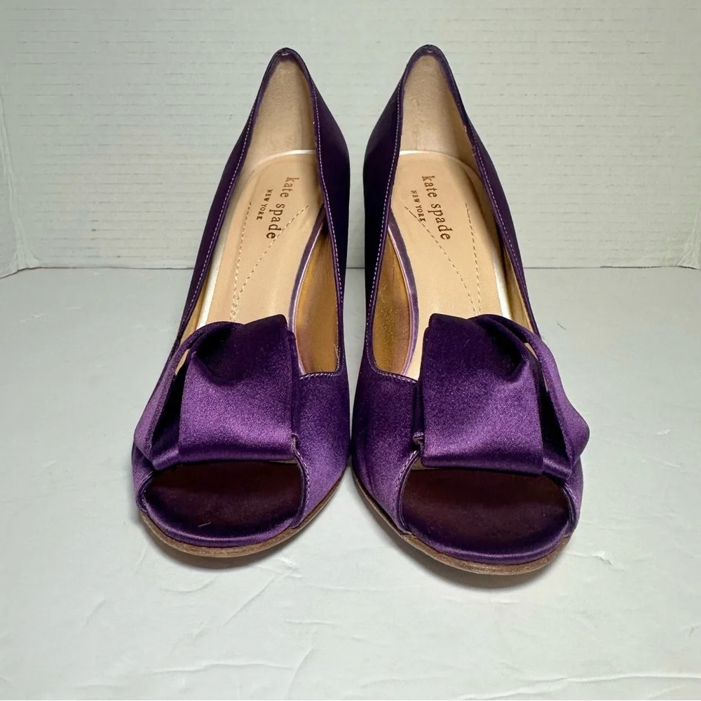 Kate Spade Women’s Purple Satin Peep Toe High Heels with Bow Accent- Size 6.5